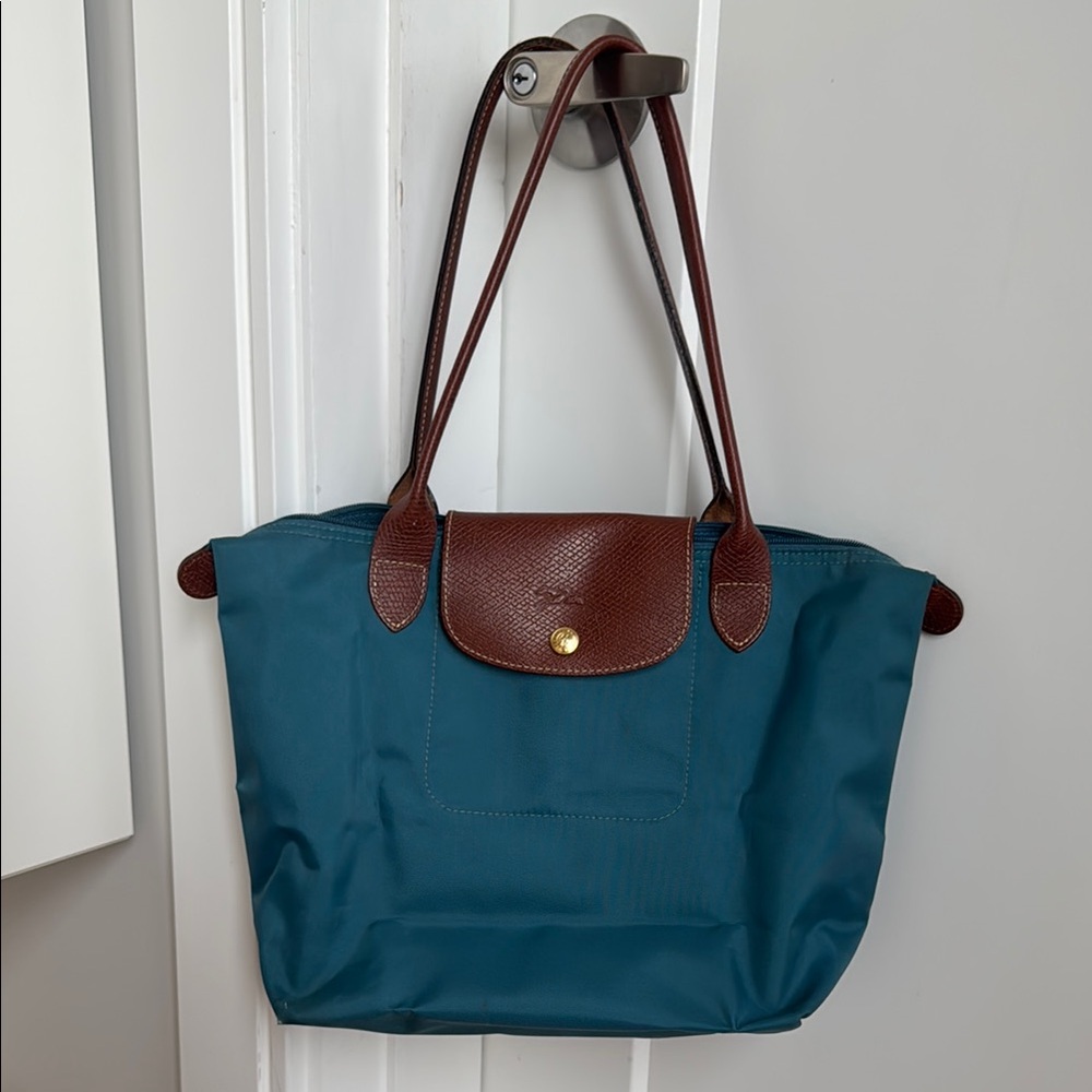 Blue Longchamp Le Pliage small tote with long handles